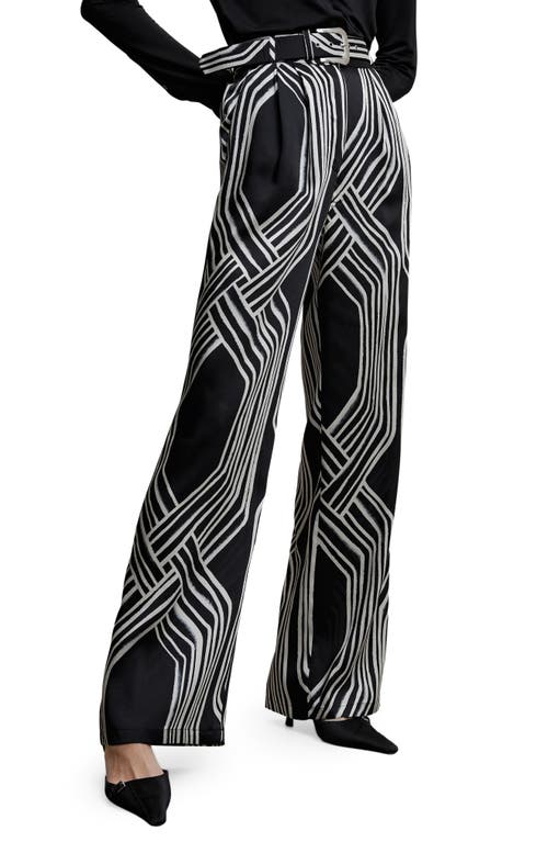 MANGO Geo Print High Waist Satin Palazzo Pants in Black