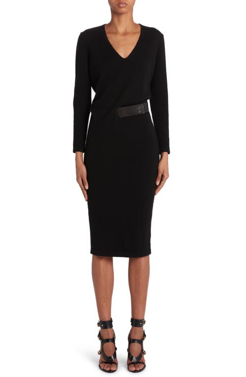 TOM FORD Leather Belt Detail Long Sleeve Cashmere Sweater Dress Black at Nordstrom,