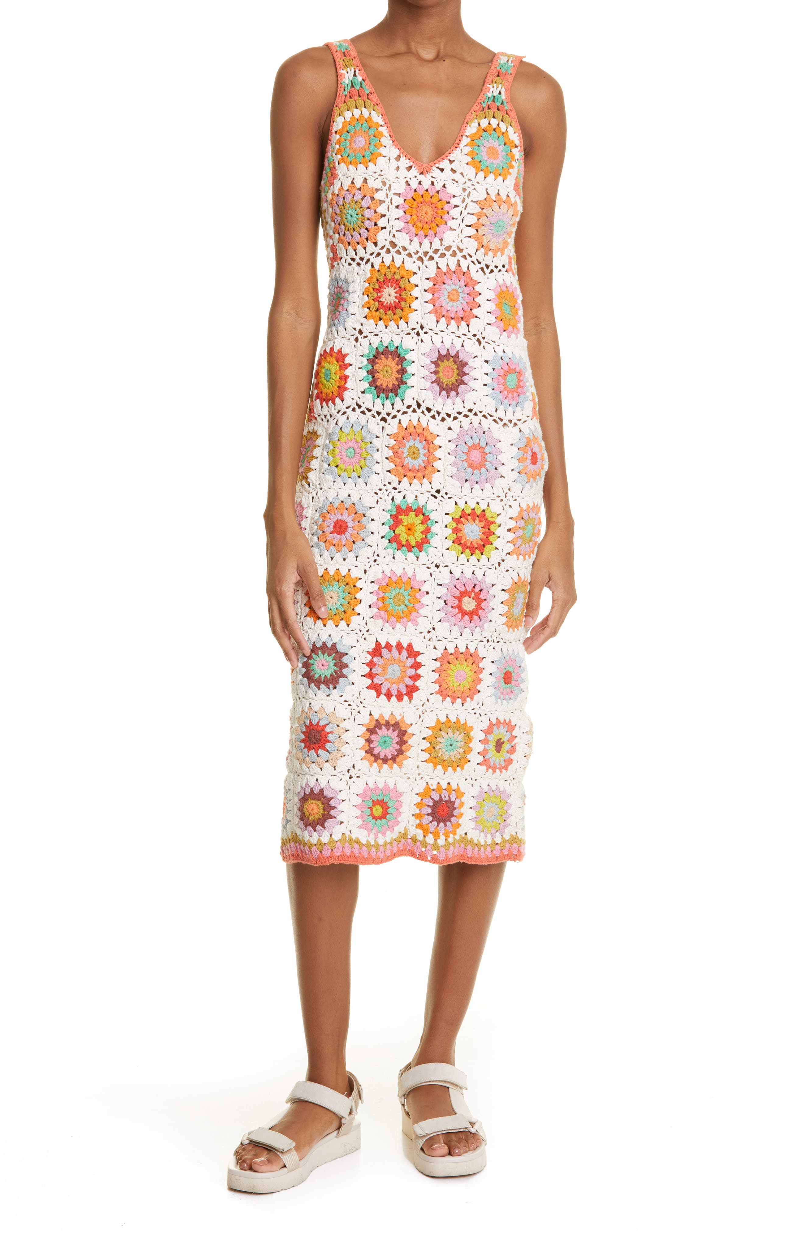 ALEMAIS Crochet V-neck Midi Dress in Multi at Nordstrom, Size 6