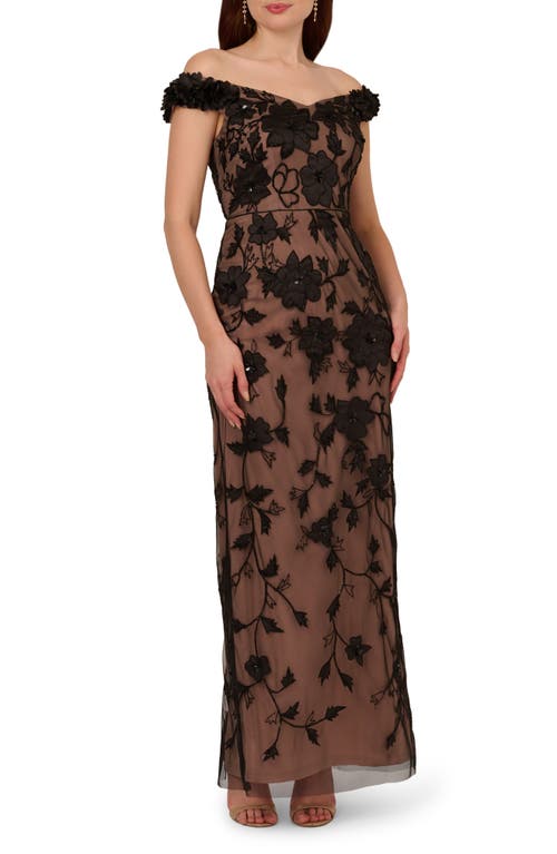 Shop Adrianna Papell Beaded Off The Shoulder Column Gown In Black/rosegold