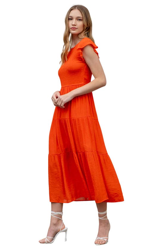 Shop Blu Pepper Flutter Sleeve Smocked Tiered Midi Dress In Tomato Red
