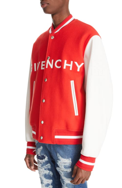 Shop Givenchy Embroidered Logo Mixed Media Leather & Wool Blend Varsity Jacket In White/red