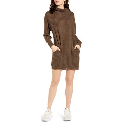 All In Favor Funnel Neck Rib Dress, Brown
