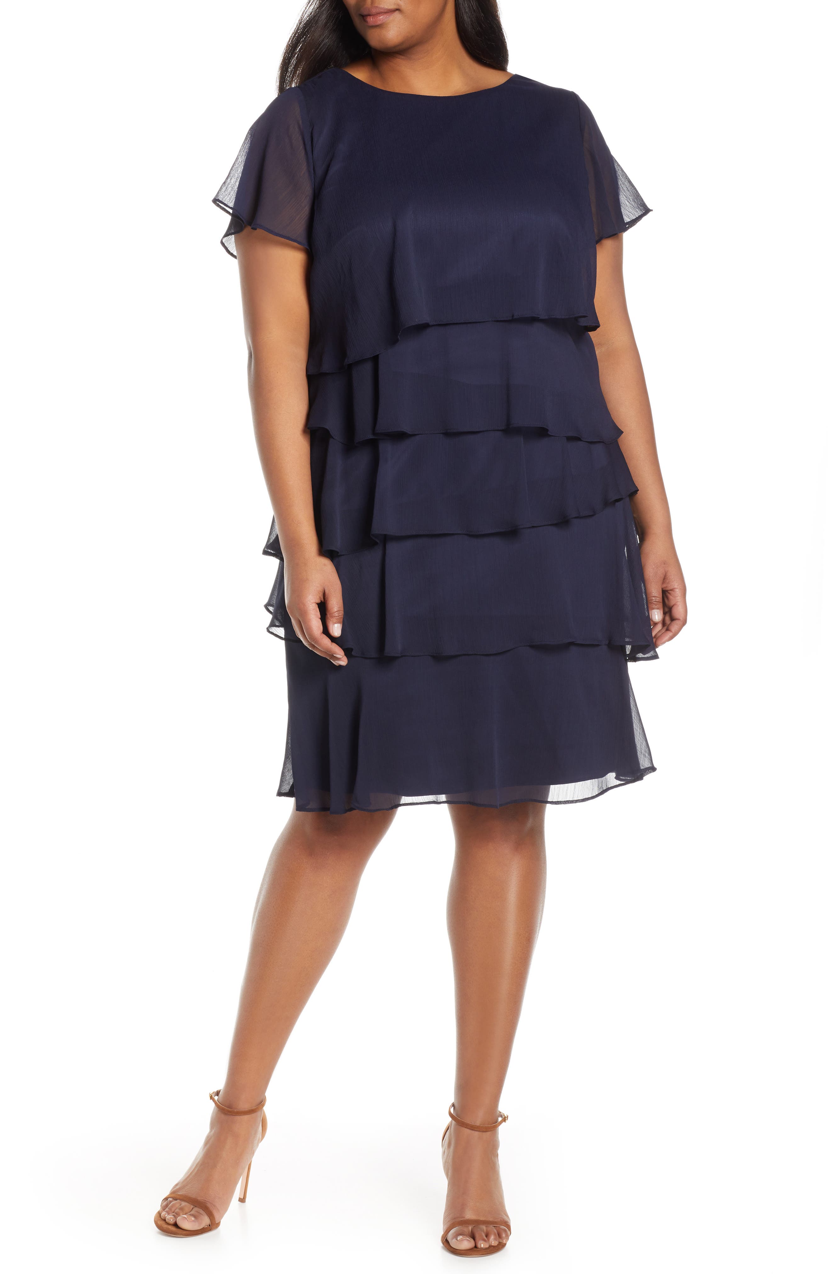 Plus Size Tahari Tiered Ruffle Chiffon Shift Dress, Blue