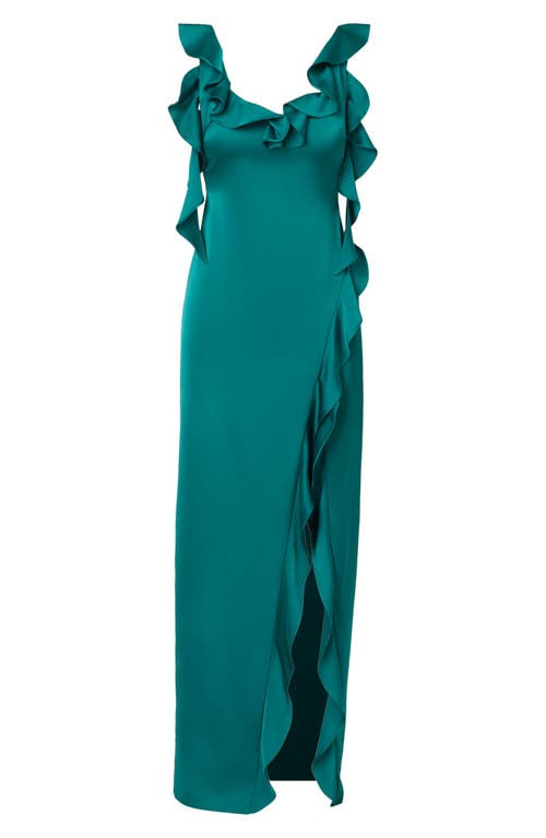 Shop Adrianna Papell Ruffle Stretch Satin Column Gown In Deep Emerald