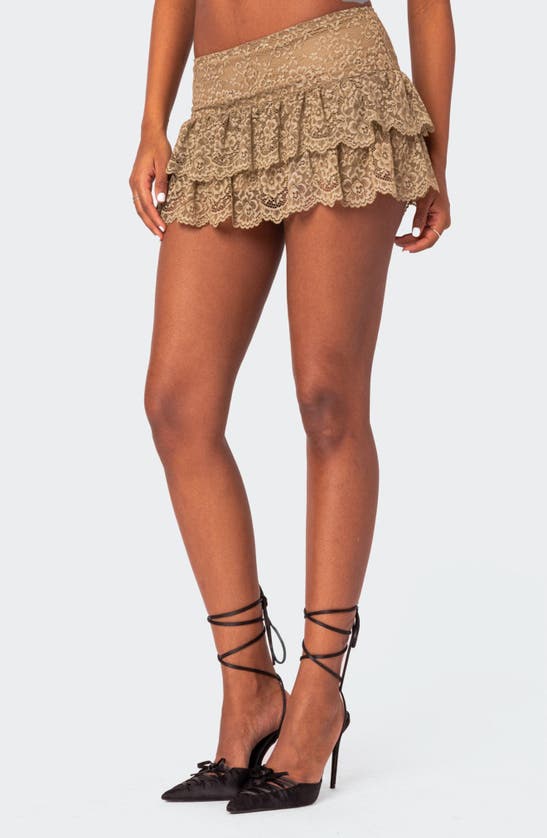 Shop Edikted Low Rise Tiered Ruffle Stretch Lace Miniskirt In Olive