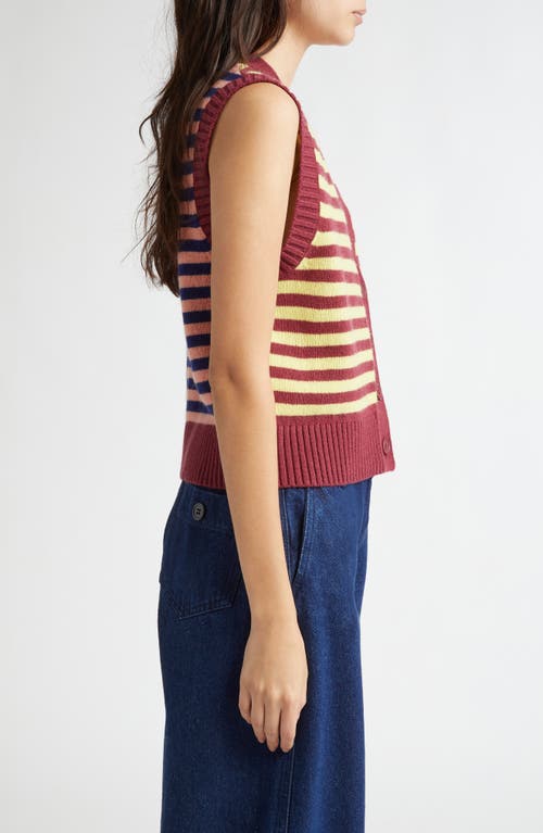 Shop Marimekko Kioski Juhla Sleeveless Wool Cardigan In Winered Yellow Blue Coral