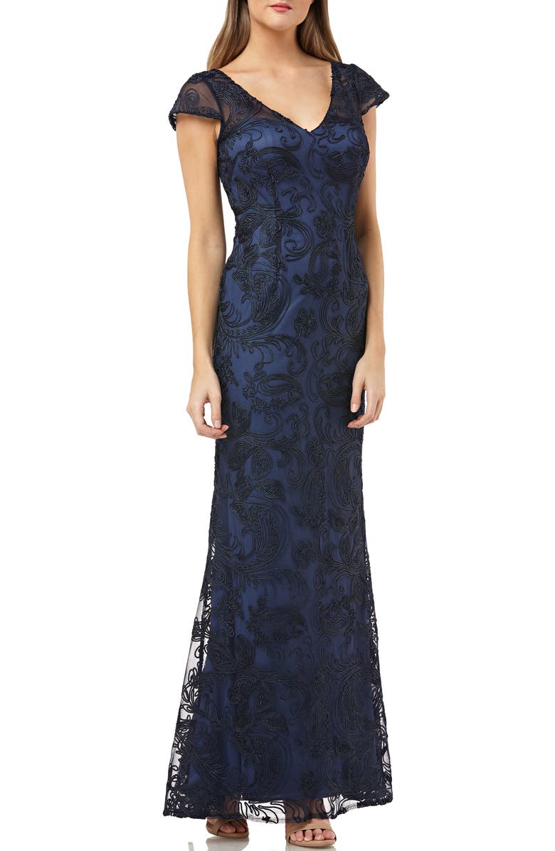 JS Collections Soutache Embroidered V-Neck Trumpet Gown | Nordstrom