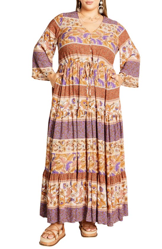 Shop City Chic Endless Sun Stripe Long Sleeve Tiered Drawstring Waist Maxi Dress In Tan Adore Me
