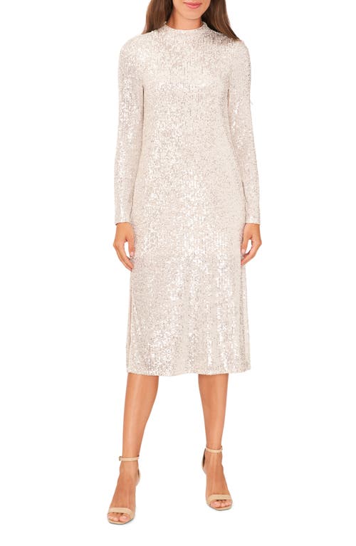 halogen(r) Sequin Long Sleeve Midi Cocktail Dress in Ivory/Silver
