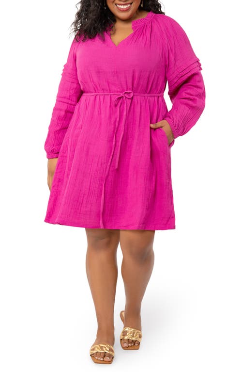 Leota Reina Tie Waist Long Sleeve Dress in Solid Fuchsia Red