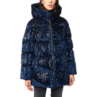 Mackage Hooded Sequin 800 Fill Power Down Puffer Jacket, Blue