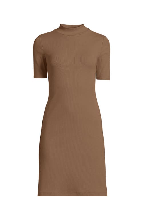 Shop Lands' End Knit Rib Mock Neck Above The Knee Dress In Honey Beige