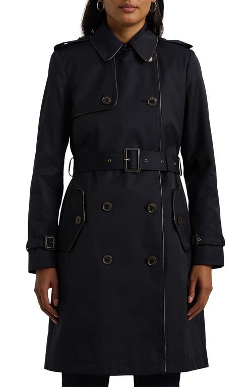 Shop Lauren Ralph Lauren Belted Water Resistant Double Breasted Trench Coat In Dark Navy