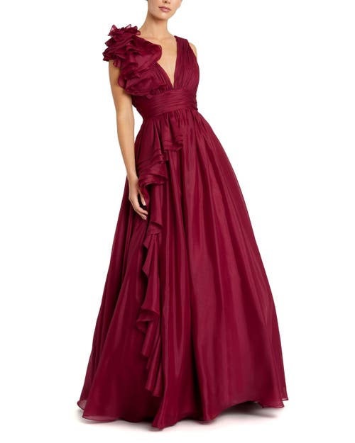 Mac Duggal Ruffle Shoulder V-neck Chiffon Gown In Wine