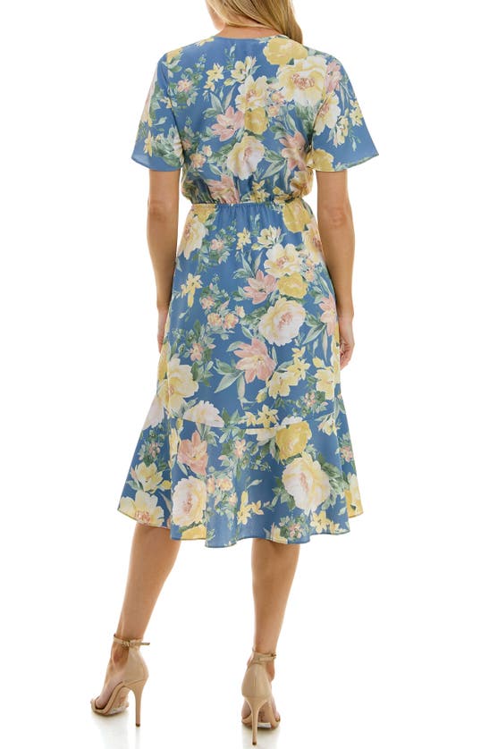 Shop Socialite Print Flutter Sleeve Dress In Blue Floral