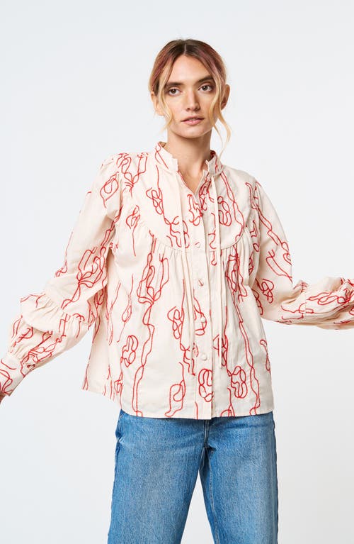 Shop Ciebon Calla Embroidered Tie Neck Shirt In Red Multi