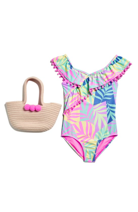 Btween Kids' One-piece Ruffle Swimsuit & Straw Handbag Set In Tropical