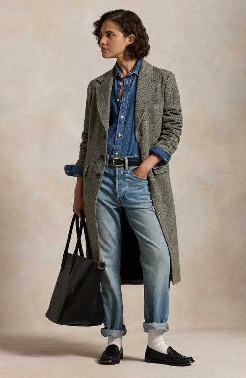 Polo Ralph Lauren Herringbone Single Breasted Suede Trim Wool Blend Coat In Black/cream Herringbone
