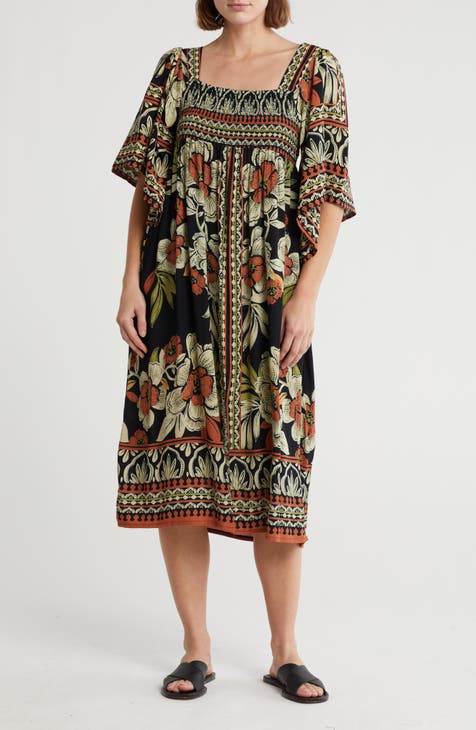 Boho Print Smocked Midi Dress