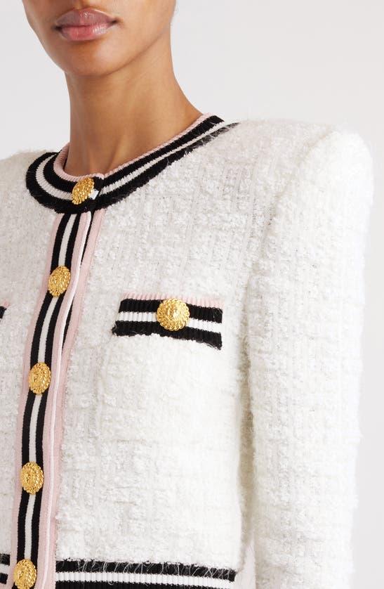 Shop Balmain Monogram Crop Jacket In White/ Black/ White/ Pink