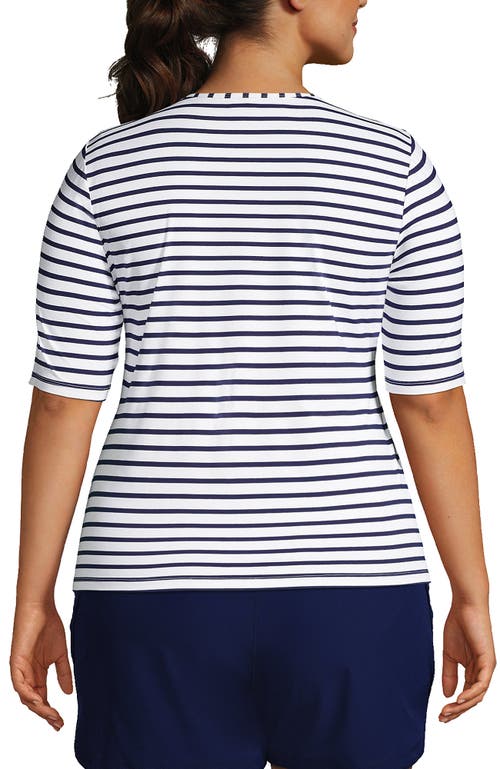 Shop Lands' End Plus Size Crew Neck Rash Guard Upf 50 Swim Tee In White/deep Sea Stripe