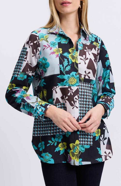 Shop Foxcroft Kylie Print Cotton Sateen Button-up Shirt In Teal Multi