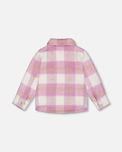 Shop Deux Par Deux Girl's Overshirt Wool-effect With Pockets Plaid Lilac And Off White In Plaid Lilac & Off White