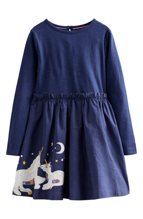 Kids' Unicorn Appliqué Long Sleeve Cotton Dress (Toddler, Little Kid & Big Kid)