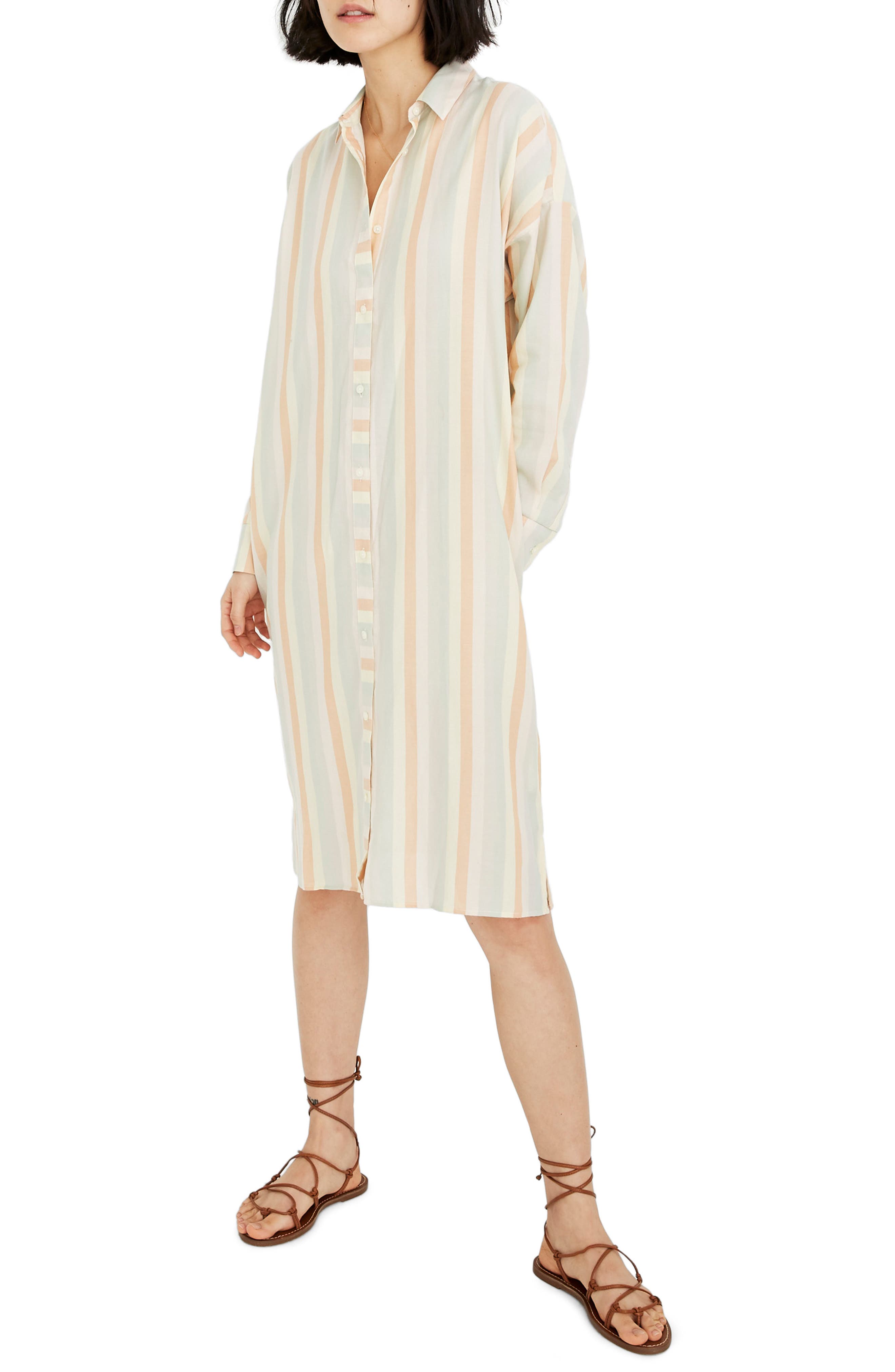 Madewell Rainbow Stripe Long Sleeve Tunic Shirtdress, Orange