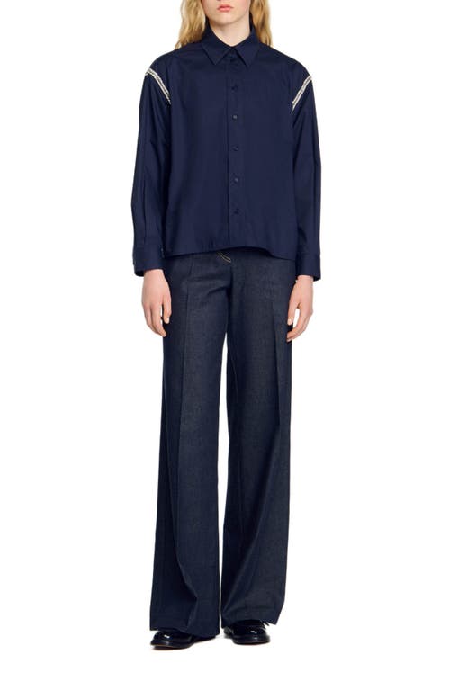 Shop Sandro Denim Shirt With Rhinestones In Navy Blue