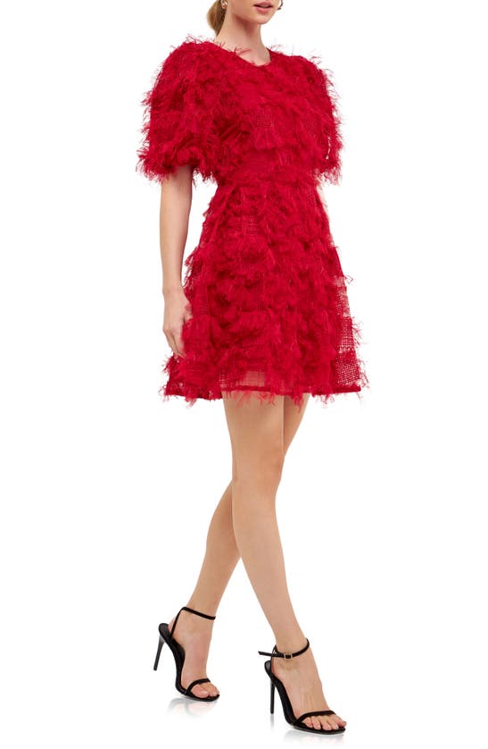 Endless Rose Feathered Mesh Puff Sleeve Minidress In Wine