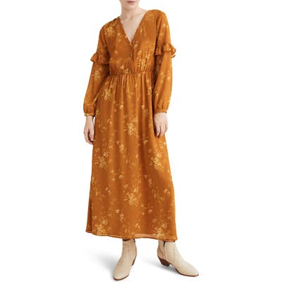 Madewell Tonal Botanical Ruffle Sleeve Button Front Dress, Yellow