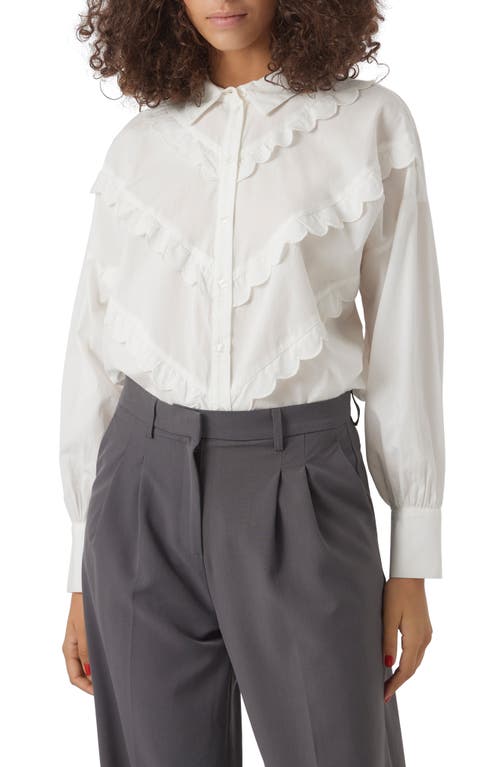 VERO MODA Beate Ruffle Accent Cotton Button-Up Shirt in Snow White at Nordstrom, Size X-Large
