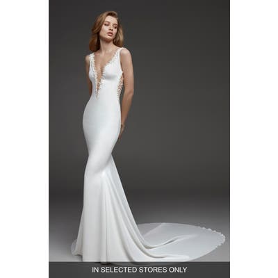 Atelier Pronovias Claudine Bead Embellished Crepe Mermaid Gown, Size - Ivory