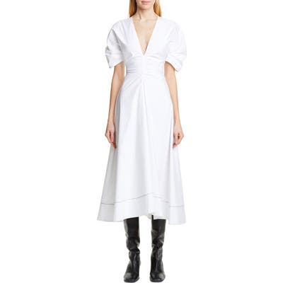 Proenza Schouler Ruched Waist Puff Sleeve Midi Dress, White