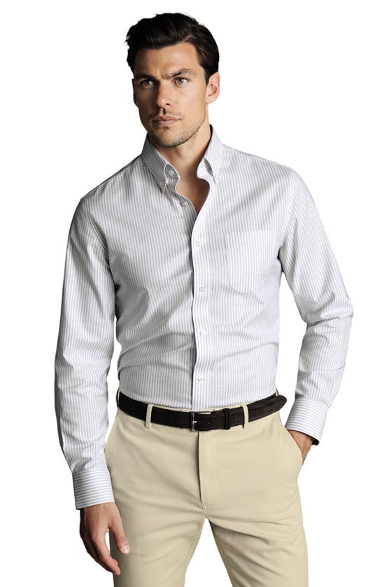 Shop Charles Tyrwhitt Slim Fit Button-down Collar Non-iron Stretch Stripe Oxford Shirt In Silver Grey