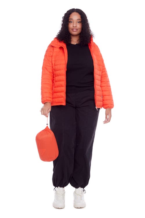 Alpine North Plus Size Yoho Lightweight Packable Puffer Jacket & Bag In Tangerine