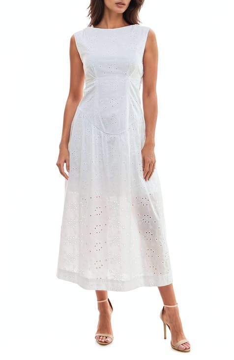 Back Cutout Sleeveless Cotton Eyelet Midi Dress