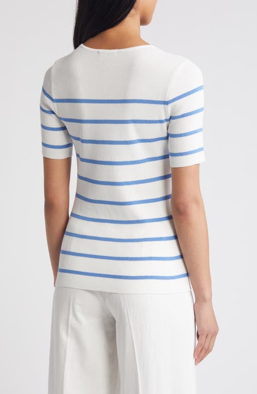 Tahari Asl Stripe Short Sleeve Sweater In Ivory Summer Sky