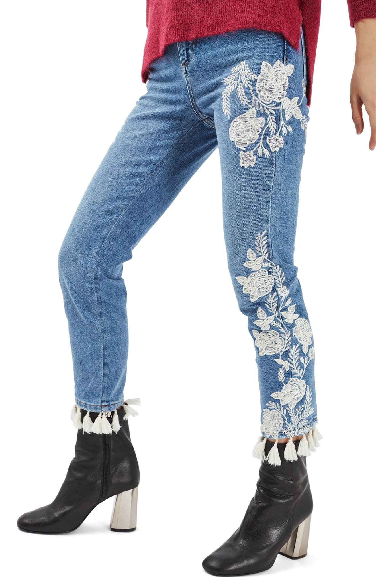 Moto Floral Embroidered Straight Leg Jeans Nordstrom