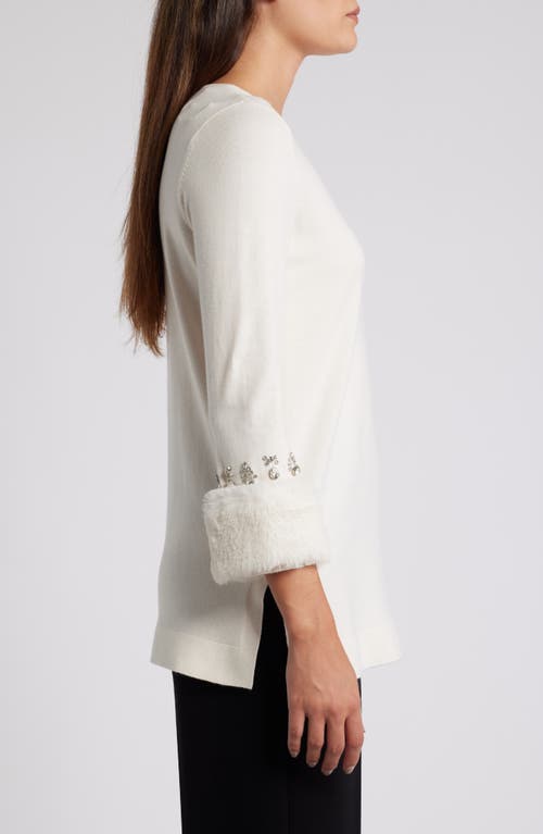 Shop Anne Klein Crystal & Faux Fur Trim Tunic Sweater In Anne White