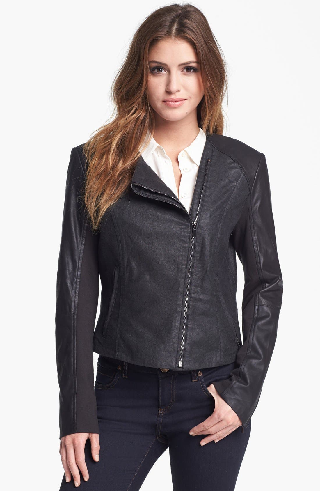 LaMarque Coated Moto Jacket with Leather Sleeves Nordstrom