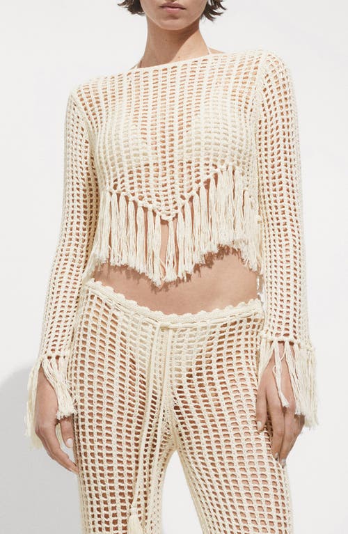 Mango Openwork Crop Fringe Sweater In Ecru
