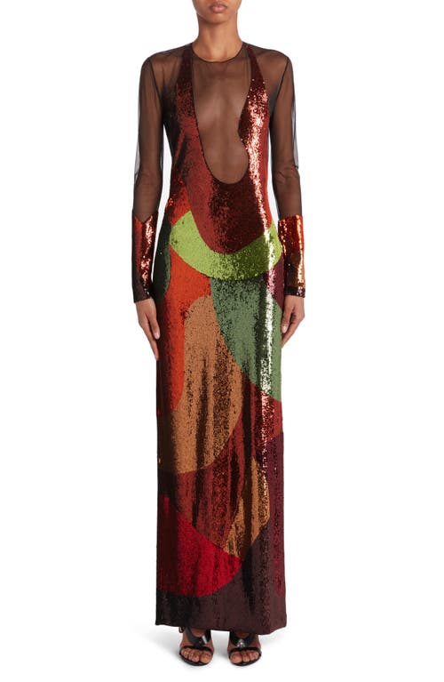 Tom Ford Long Sleeve Sequin & Mesh Gown In Black/burgundy Multicolor