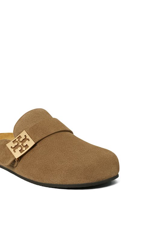 Tory Burch Mellow Logo Shearling Flat Mules In River Rock/gold
