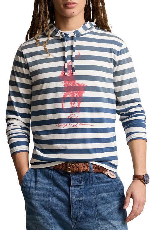 Polo Ralph Lauren Stripe Logo Graphic Long Sleeve Hooded T-Shirt in Clancy Blue/Nevis at Nordstrom, Size Medium