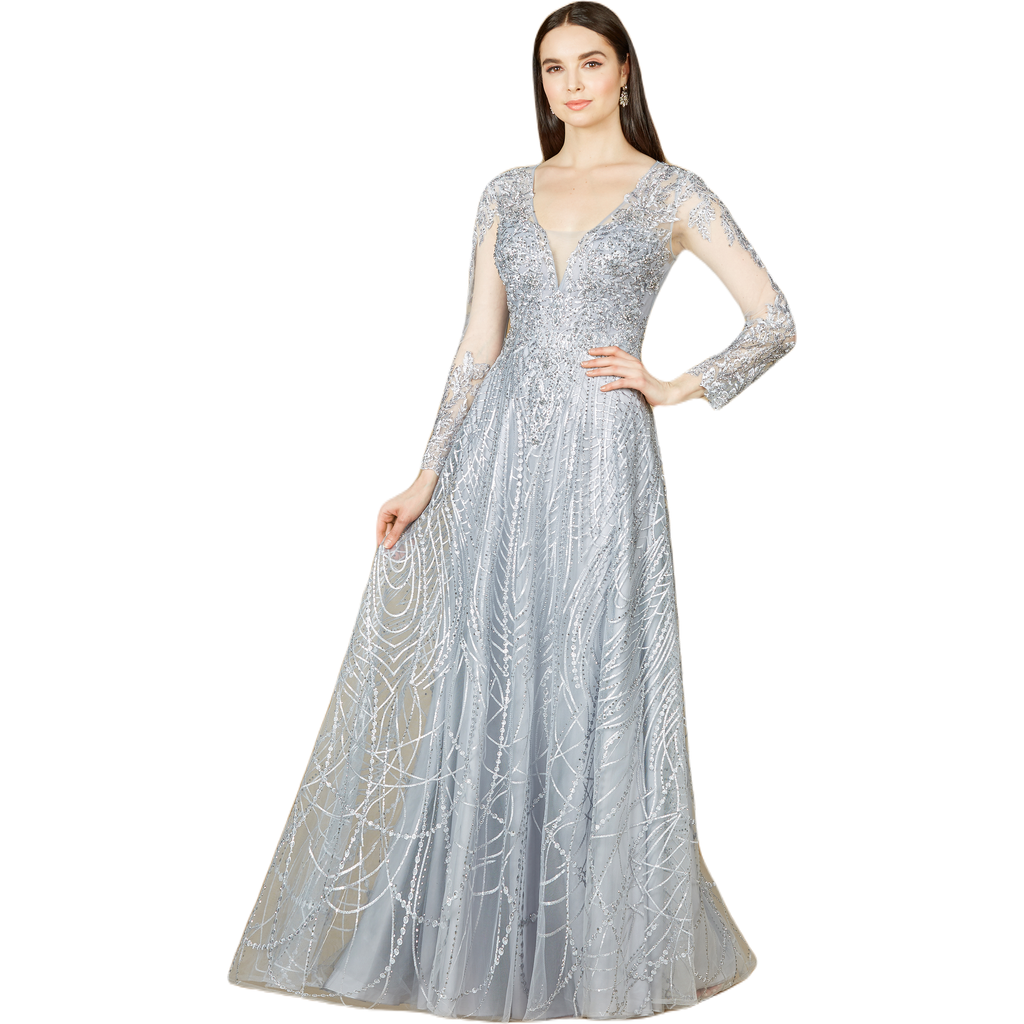 Lara New York Long Sheer Sleeve V-neckline Sheath Gown In Lightblue