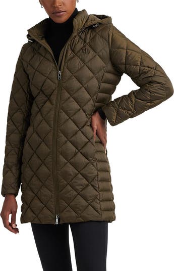Lauren Ralph Lauren Diamond Quilted Recycled Shell Hooded Long Puffer Coat in Botanic Green at Nordstrom, Size Medium