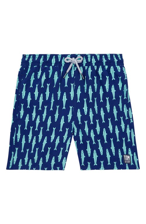Tom & Teddy Kids' Fish Print Swim Trunks Ink Blue And Green at Nordstrom,